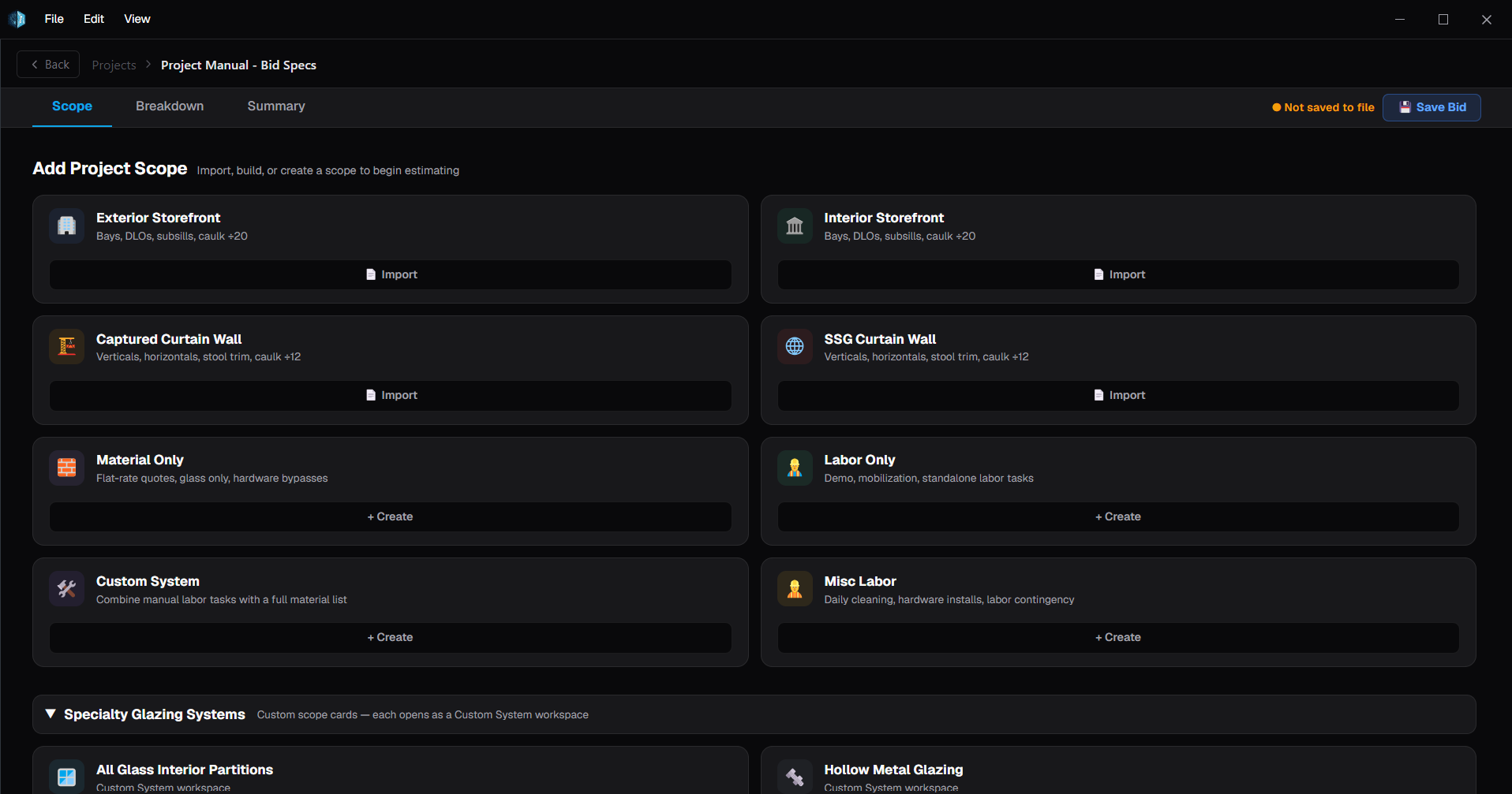 Bid Builder — System Scope Cards